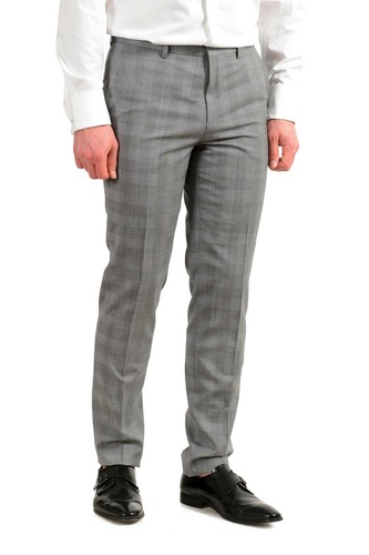 Pre-owned Hugo Boss "astian/hets182" Men's 100% Wool Extra Slim Fit Plaid Two Button Suit In Gray