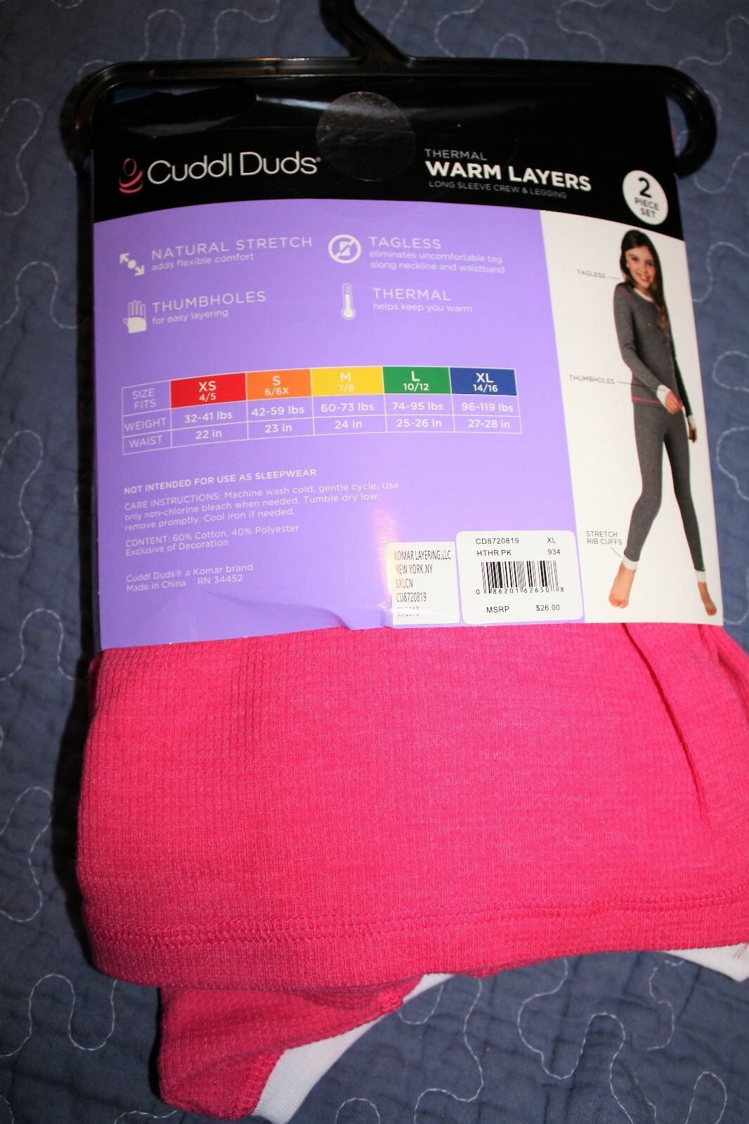 XL  14  - 16 Cuddl Duds Girls Warm Layers Comfortech Stretch Poly Pink  2pc NWT