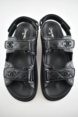 Pre-owned Chanel Black Leather Quilted Chain Cc Logo Mule Slide Strap Flat Dad Sandal 38.5