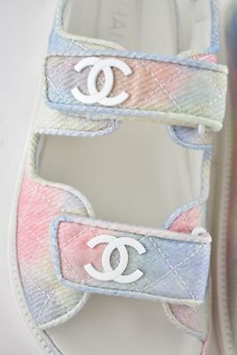 Pre-owned Chanel 22c Green Pink Blue White Cc Logo Mule Slide Strap Flat Dad Sandal 38 In Multicolor