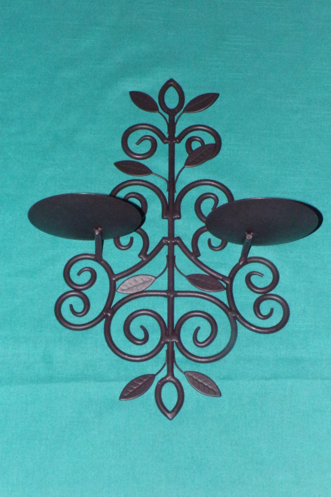 Pair Brown Metal Double Wall Pillar Round Candle Holders Sconces Leaf Scroll