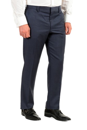 Pre-owned Hugo Boss Men's "urban/fargo 194f1" Regular Fit Plaid 100% Wool Two Button Suit In Blue/black