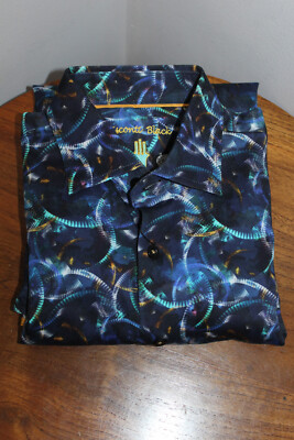 VISCONTI BLACK MENS CASUAL BUTTON-UP SHIRT ABSTRACT NAVY BLUE & MULTICLR SIZE S