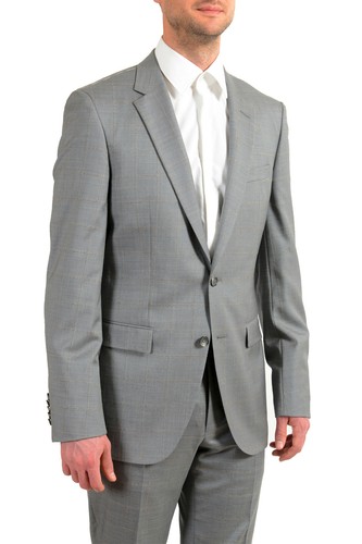 Pre-owned Hugo Boss Men's "t-harvers4/glover3" Slim Fit Silk Wool Plaid Two Button Suit In Gray