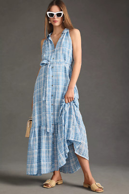 ANTHROPOLOGIE BUTTON DOWN MIDI HALTER SHIRT DRESS TEXTURED BLUE PLAID S SMALL