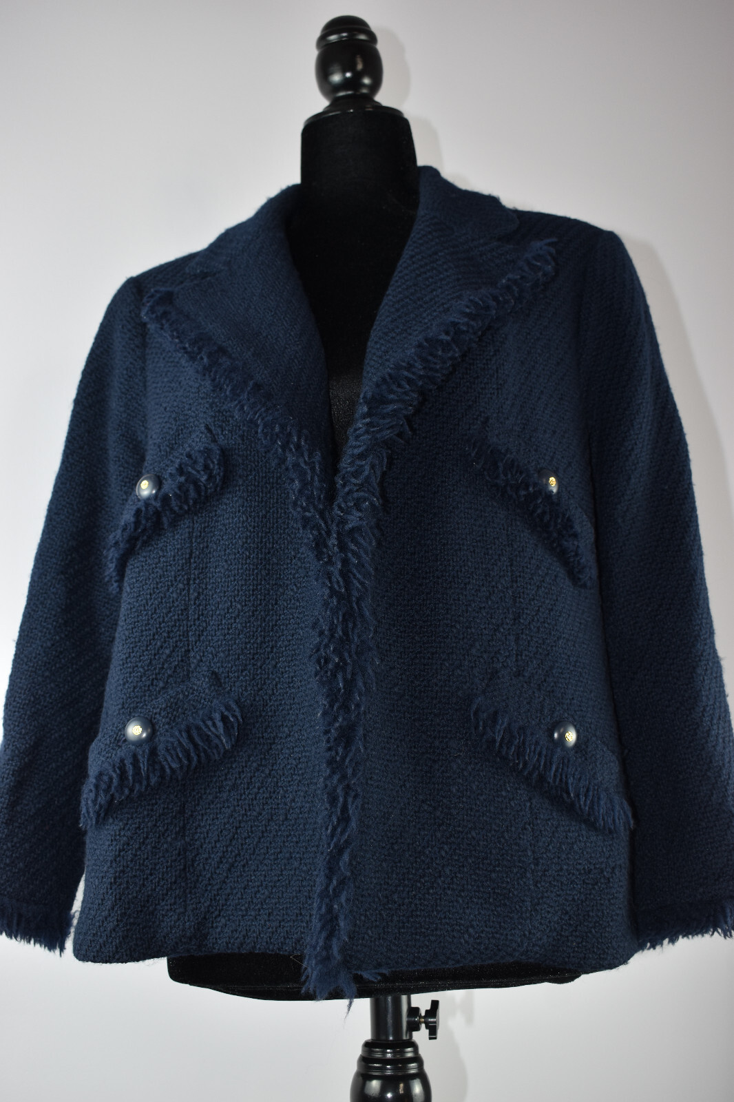 VTG Chanel Collection 28 Sz 44 Navy Suit Open Blazer Skirt