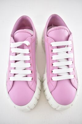 Pre-owned Prada Pink Nylon White Platform Lug Sole Lace Flat Low Top Trainer Sneaker 37.5