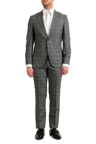 Pre-owned Hugo Boss Men's "johnstons5/lenon1" Regular Fit 100% Wool Plaid Two Button Suit In Gray