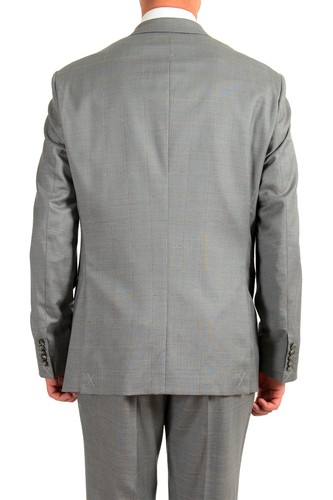Pre-owned Hugo Boss Men's "t-harvers4/glover3" Slim Fit Plaid Silk Wool Two Button Suit In Gray/gold
