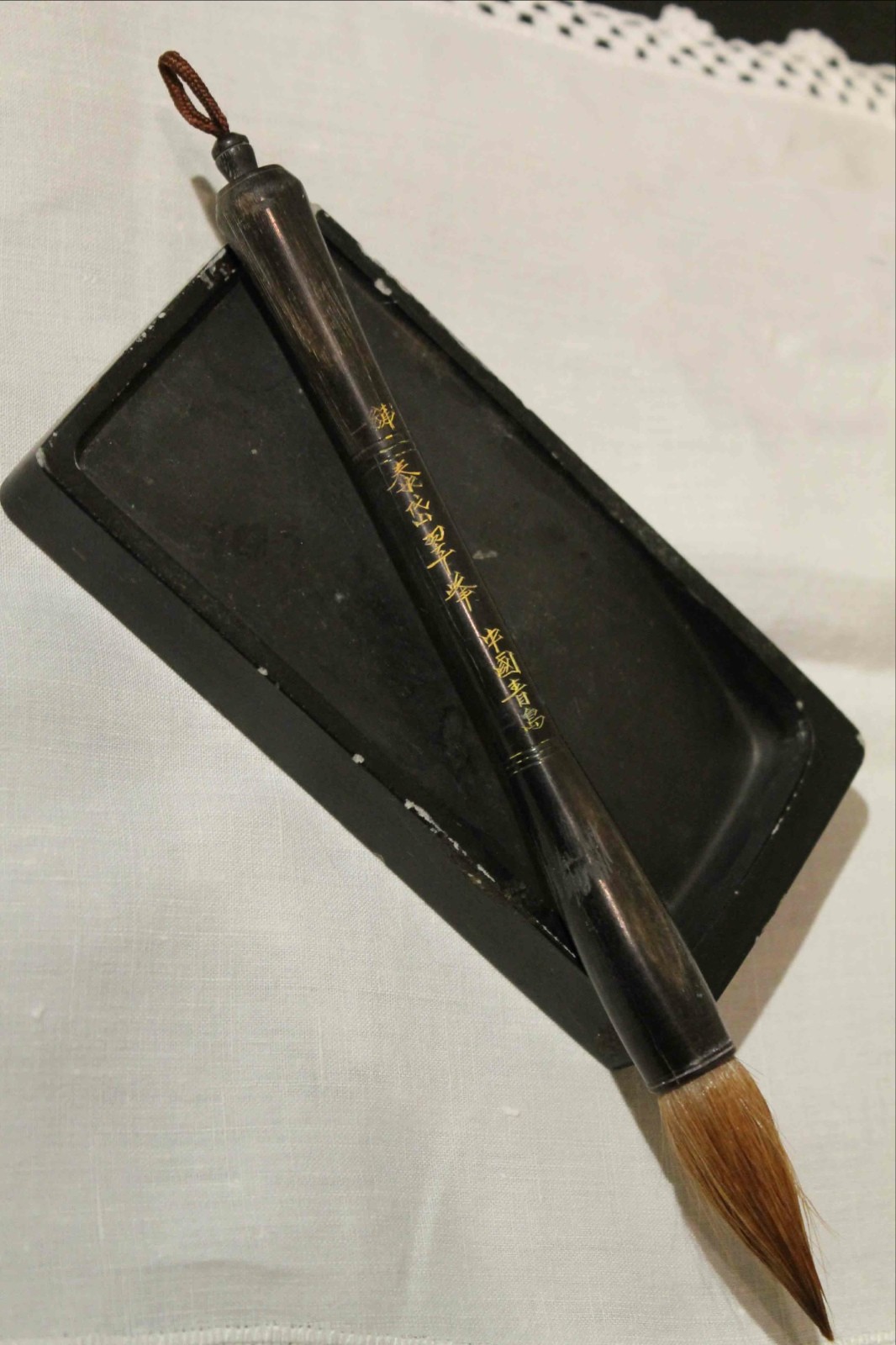 Antique JAPANESE Ink Stone & Wooden Brush, Signed 