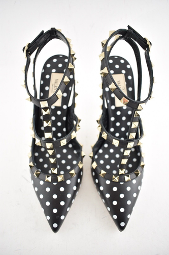 Pre-owned Valentino Garavani Valentino Rockstud Black White Polka Dot Ankle T Strap Sandal Heel Pump 36