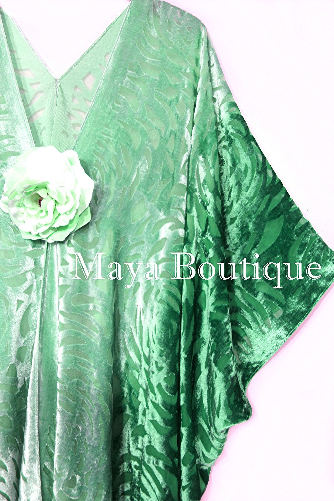 Pre-owned Maya Matazaro Emerald Green Camellia Burnout Velvet Caftan Kimono Ombre Hand Dye