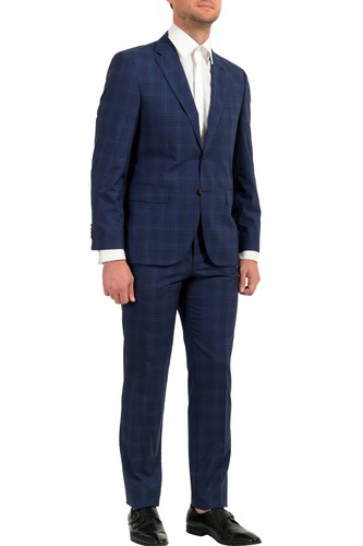 Pre-owned Hugo Boss Men's "jeckson/lenon1" Regular Fit Plaid 100% Wool Two Button Suit In Blue/navy Blue