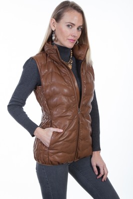 Pre-owned Scully Womens Cognac Soft Lamb Puffer Vest In Brown