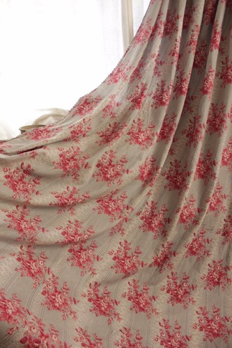 Antique French bed curtain panel 1850 floral pink GRAY grey cotton passementerie