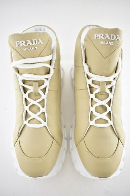 Pre-owned Prada Rush Piuma Nylon Beige White Platform Flat High Top Trainer Sneaker 39.5