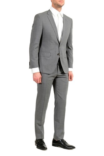 Pre-owned Hugo Boss "huge6/genius5" Men's 100% Wool Plaid Slim Gray Two Button Suit