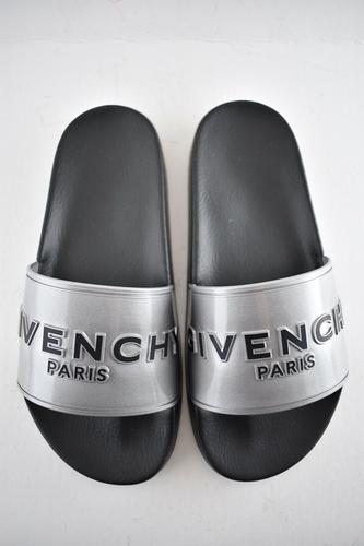 Pre-owned Givenchy Silver Rubber Black Logo Print Slide On Pool Sandal Flip Flop Flat 38