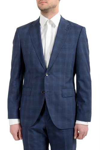 Pre-owned Hugo Boss Men's Jeckson/lenon1 Regular Fit 100% Wool Blue Plaid Two Button Suit