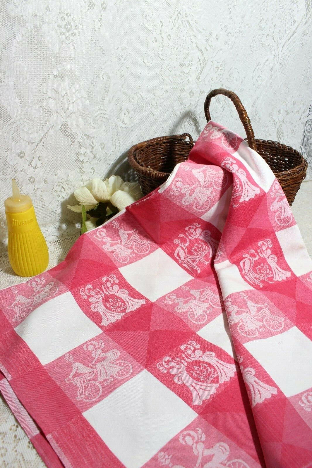 Picnic Blanket Victorian Couple, Cotton Barkcloth Tablecloth Ca. Simtex 1950's