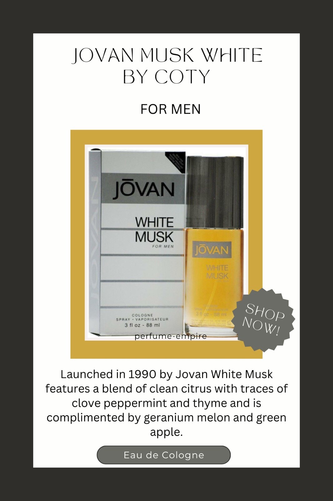 Jovan Musk White by Coty 3.0 oz Cologne Spray for Men New in Box