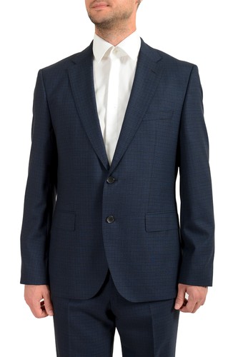 Pre-owned Hugo Boss Men's "johnstons5/lenon1" Regular Fit Plaid 100% Wool Two Button Suit In Blue/dark Blue