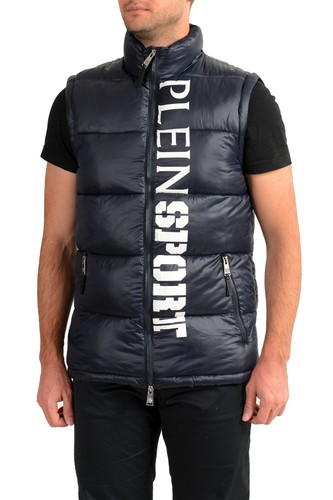 PLEIN SPORT PLEIN SPORT HERREN MARINEBLAU LOGO AUFDRUCK REISSVERSCHLUSS PARKA WESTE MIT ÄRMEL