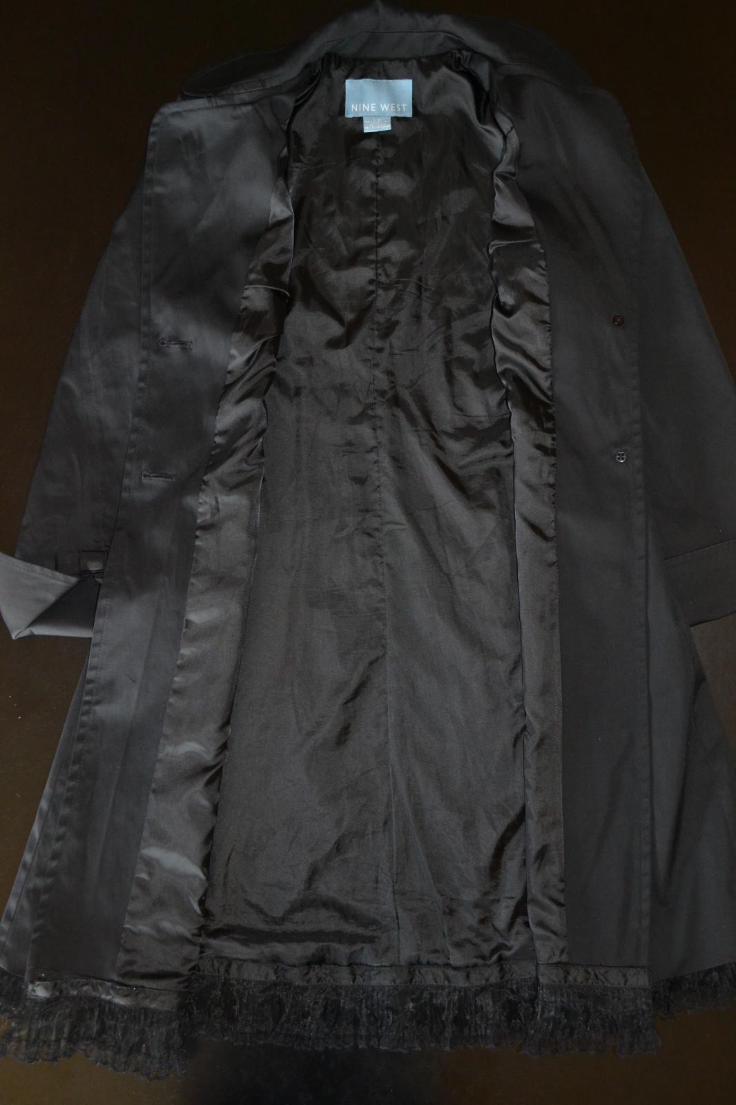 Womens M Nine West Black Trench Rain Coat Feminine Style w/Lace Hem & Bow Detail
