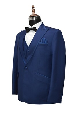 Pre-owned Handmade Men Blue Suits Designer Elegant Wedding Dinner Suits (coat+vest+pant)
