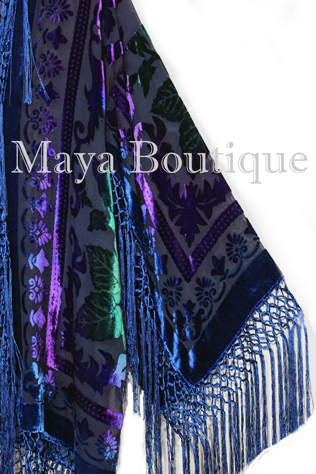 Pre-owned Maya Matazaro Tye Dye Teal Multi Short Fringe Jacket Kimono Burnout Velvet