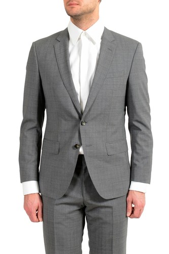 Pre-owned Hugo Boss "huge6/genius5" Men's 100% Wool Plaid Slim Gray Two Button Suit