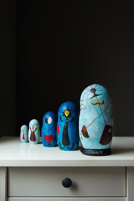 5 pc Joan Miro Maternity Nesting Doll Surrealism Painting Handmade 7"