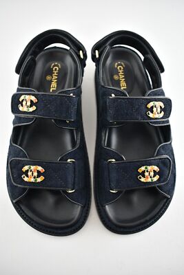 Pre-owned Chanel 21a Blue Velvet Denim Cc Logo Mule Slide Strap Flat Teva Dad Sandal 36.5