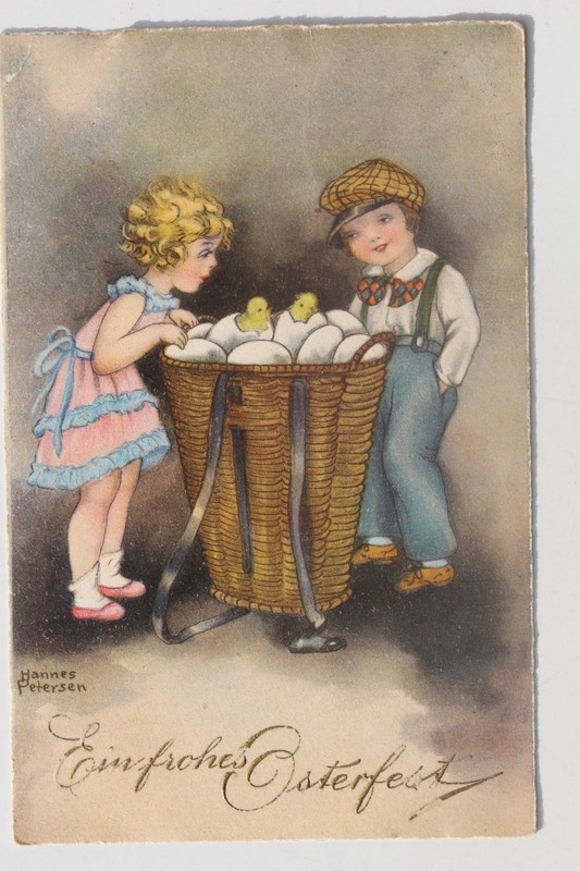 29756 Artiste Ak PÃ¢Ques Enfants Avec Panier D'ÅUfs SignÃ© Hannes Petersen 1934