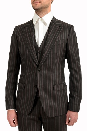 Pre-owned Dolce & Gabbana Men's 100% Wool Striped Two Button Three Piece Suit In Gray