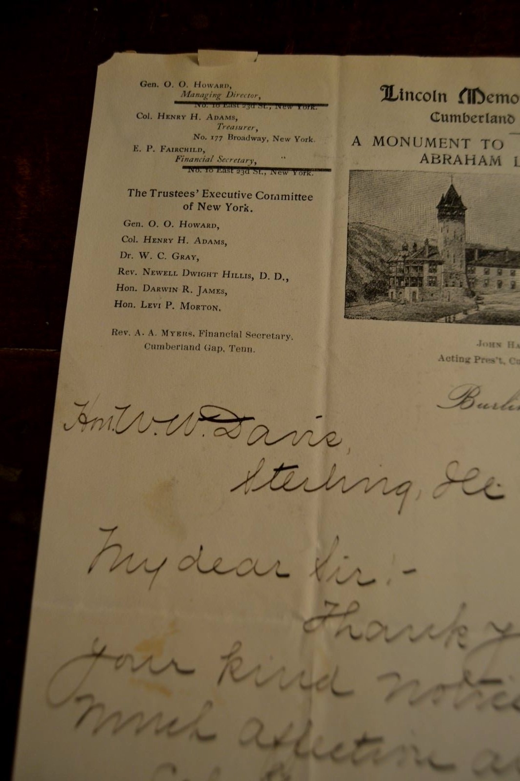 General Oliver Otis Howard 1900 Autograph on Lincoln Memorial U Stationary