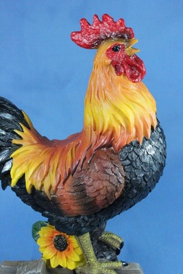 Rooster Statue Crowing Rooster Statue on Fence w Sunflowers Figurine 10.5