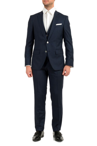 Pre-owned Hugo Boss Men's "hutson5/gander3 We" Slim Fit Plaid 100% Wool Three Piece Suit In Blue
