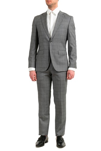 Pre-owned Hugo Boss Men's "johnstons5/lenon1" Regular Fit 100% Wool Plaid Two Button Suit In Gray