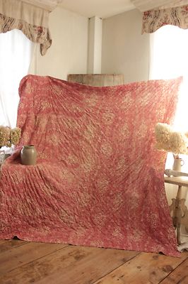 Quilt Antique French Toile de Normandy / Alsace c1820 quilted textile pink 92X88