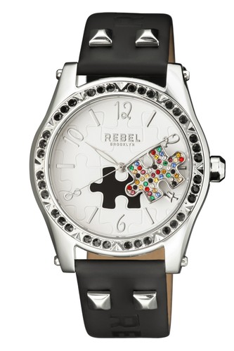 Pre-owned Rebel Women's Rb111-4021 Gravesend Crystal Puzzle-piece Dial Black Leather Watch