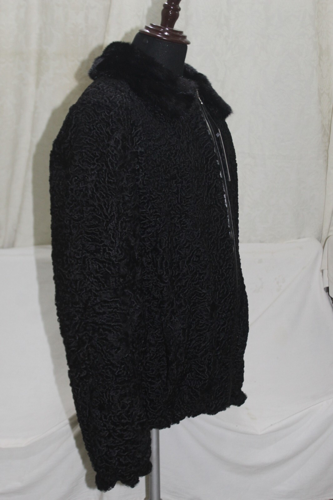 Pre-owned Handmade Black Reversible Real Persian Lamb Fur Coat Real Mink Fur Collar All Sizes