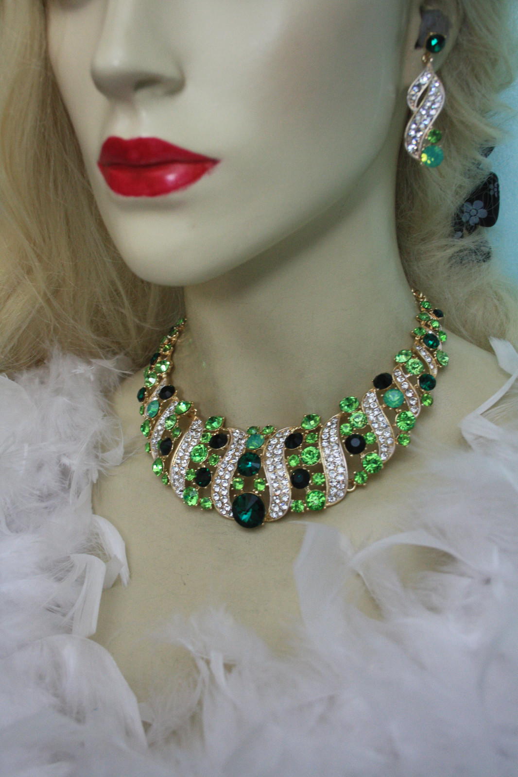 Green Rhinestone Austrian Crystal Choker Necklace Earrings Pageant Prom Bridal