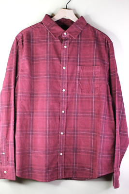 George Men's Corduroy Shirt Long Sleeve Button Up Wine Plaid XL (46-48)