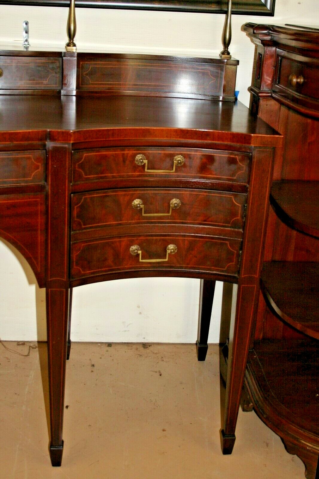 Baker Hepplewhite Sheraton Federal Style Flamed Mahogany Sideboard Brass Rail