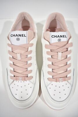 Pre-owned Chanel 22p White Leather Pink Cc Flat Lace Up Tie Runner Trainer Sneaker 39