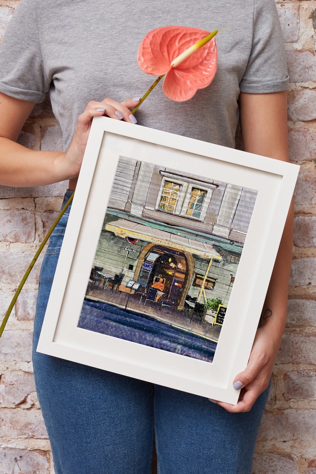 Prague Cafe Painting Original Gouache Painting Cityscape Painting 10 x 12 inches