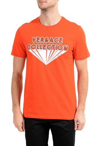 【関税＆送料込み】Versace Jersey T-Shirt Versace Collection Men's Bright Orange Graphic Crewneck T