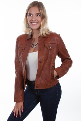 Pre-owned Scully Womens Cognac Leather Jean Jacket In Brown