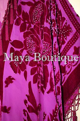 Pre-owned Maya Matazaro Fuchsia Beaded Silk Burnout Velvet Kimono Opera Coat Fringe Jacket In Pink